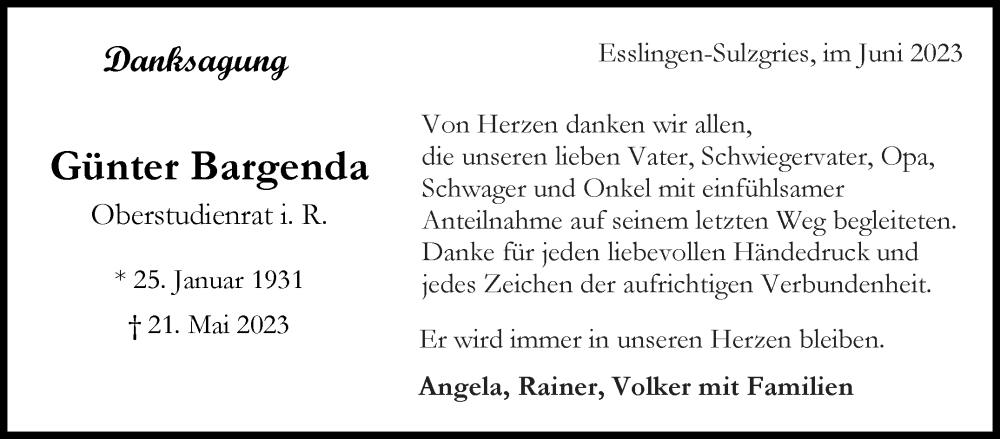  Traueranzeige für Günter Hans Bargenda vom 04.07.2023 aus Eßlinger Zeitung/Cannstatter Zeitung