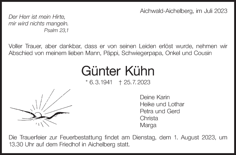 Traueranzeige für Günter Kühn vom 29.07.2023 aus Eßlinger Zeitung/Cannstatter Zeitung
