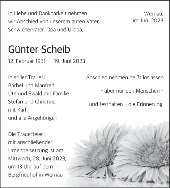 Traueranzeige von Günter Scheib von Eßlinger Zeitung/Cannstatter Zeitung