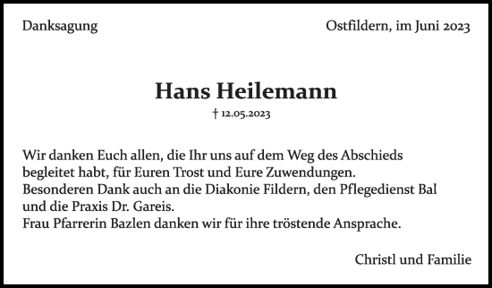 Traueranzeige von Hans Heilemann von Eßlinger Zeitung/Cannstatter Zeitung
