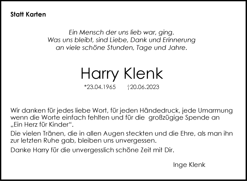  Traueranzeige für Harry Klenk vom 20.07.2023 aus Eßlinger Zeitung/Cannstatter Zeitung
