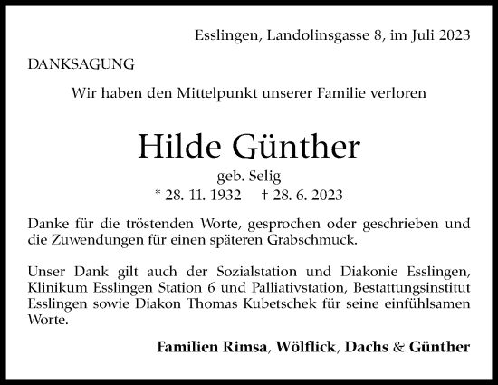 Traueranzeige von Hilde Günther von Eßlinger Zeitung/Cannstatter Zeitung