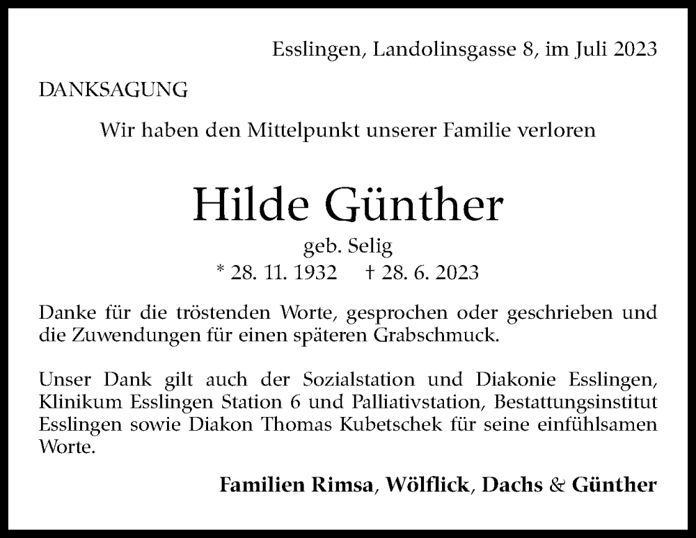  Traueranzeige für Hilde Günther vom 22.07.2023 aus Eßlinger Zeitung/Cannstatter Zeitung