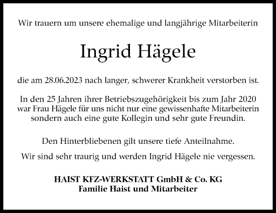 Traueranzeige von Ingrid Hägele von Eßlinger Zeitung/Cannstatter Zeitung