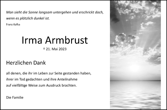 Traueranzeige von Irma Armbrust von Eßlinger Zeitung/Cannstatter Zeitung