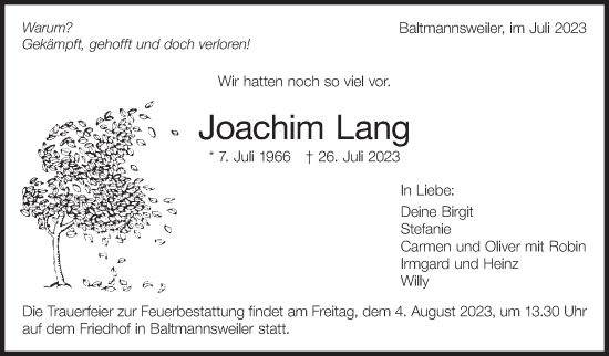 Traueranzeige von Joachim Lang von Eßlinger Zeitung/Cannstatter Zeitung