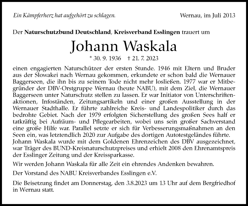  Traueranzeige für Johann Waskala vom 29.07.2023 aus Eßlinger Zeitung/Cannstatter Zeitung
