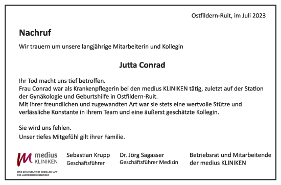Traueranzeige von Jutta Conrad von Eßlinger Zeitung/Cannstatter Zeitung