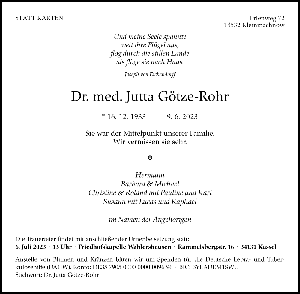  Traueranzeige für Jutta Götze-Rohr vom 01.07.2023 aus Eßlinger Zeitung/Cannstatter Zeitung