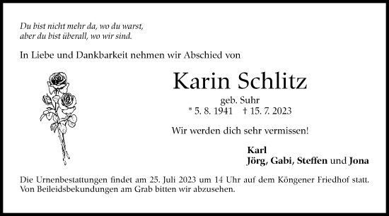 Traueranzeige von Karin Schlitz von Eßlinger Zeitung/Cannstatter Zeitung