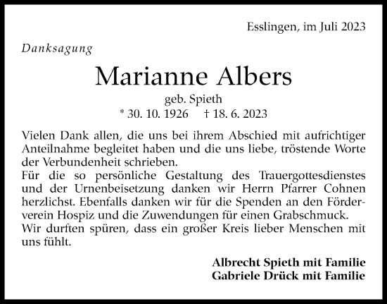 Traueranzeige von Marianne Albers von Eßlinger Zeitung/Cannstatter Zeitung
