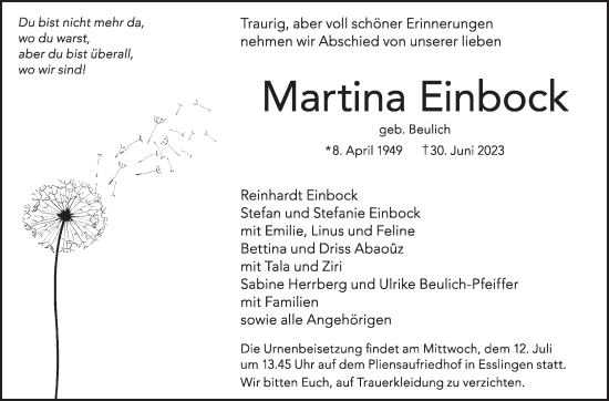 Traueranzeige von Martina Einbock von Eßlinger Zeitung/Cannstatter Zeitung