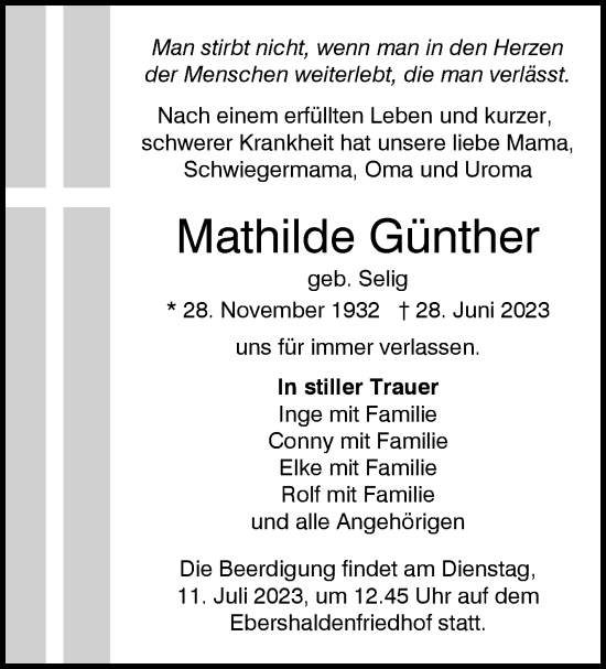 Traueranzeige von Mathilde Günther von Eßlinger Zeitung/Cannstatter Zeitung