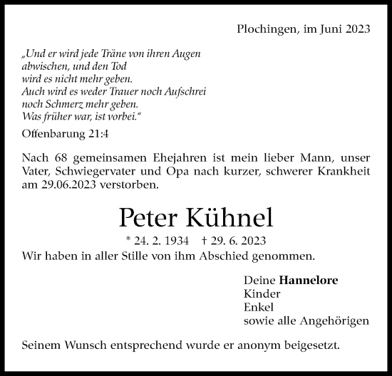 Traueranzeige von Peter Kühnel von Eßlinger Zeitung/Cannstatter Zeitung