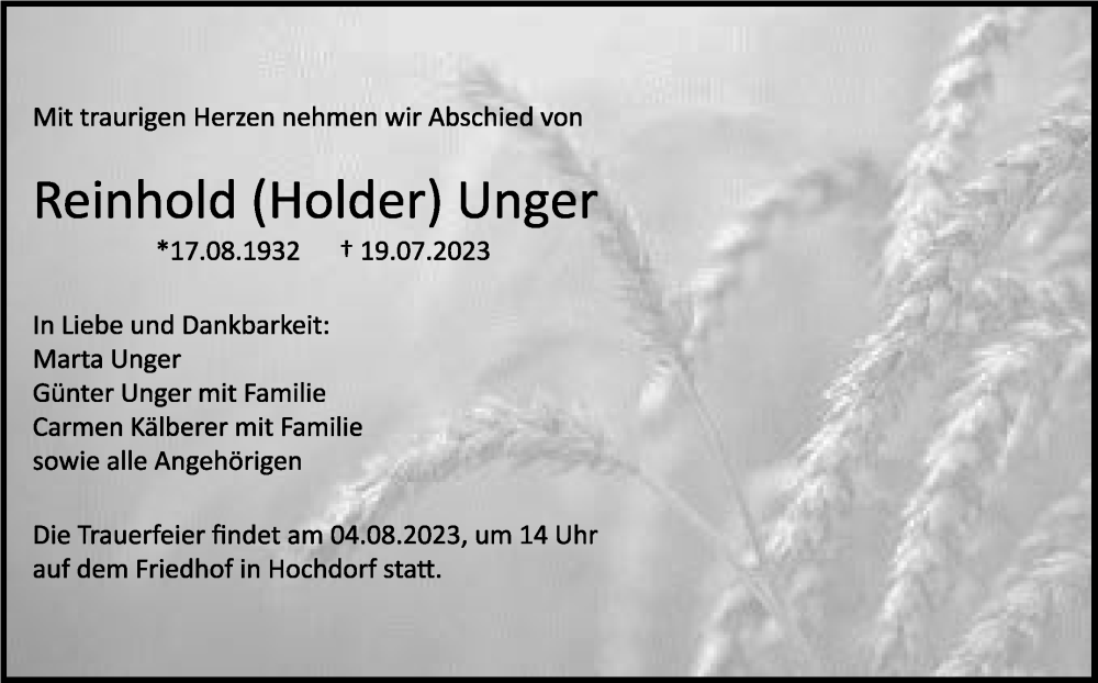  Traueranzeige für Reinhold  Unger vom 29.07.2023 aus Eßlinger Zeitung/Cannstatter Zeitung