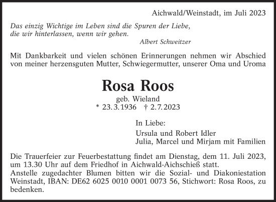 Traueranzeige von Rosa Roos von Eßlinger Zeitung/Cannstatter Zeitung