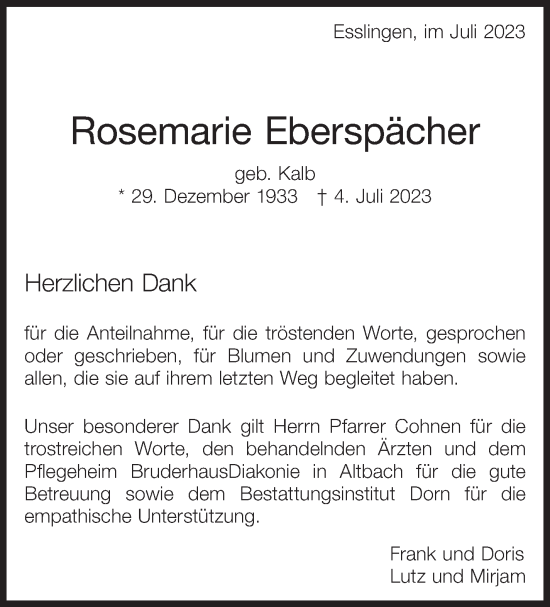 Traueranzeige von Rosemarie Eberspächer von Eßlinger Zeitung/Cannstatter Zeitung