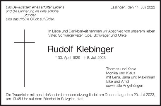 Traueranzeige von Rudolf Klebinger von Eßlinger Zeitung/Cannstatter Zeitung
