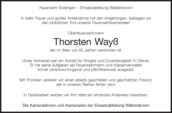 Traueranzeige von Thorsten Wayß von Eßlinger Zeitung/Cannstatter Zeitung