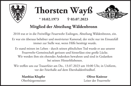 Traueranzeige von Thorsten Wayß von Eßlinger Zeitung/Cannstatter Zeitung