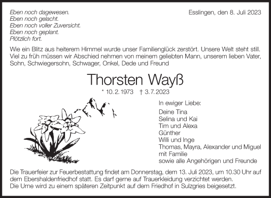 Traueranzeige von Thorsten Wayß von Eßlinger Zeitung/Cannstatter Zeitung