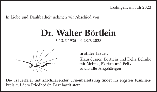 Traueranzeige von Walter Börtlein von Eßlinger Zeitung/Cannstatter Zeitung