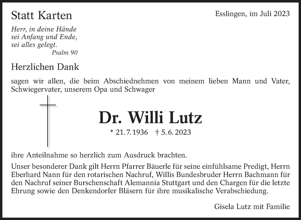  Traueranzeige für Willi Lutz vom 01.07.2023 aus Eßlinger Zeitung/Cannstatter Zeitung