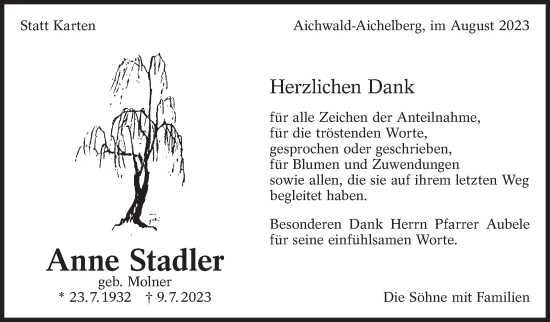 Traueranzeige von Anne Stadler von Eßlinger Zeitung/Cannstatter Zeitung