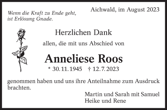 Traueranzeige von Anneliese Roos von Eßlinger Zeitung/Cannstatter Zeitung