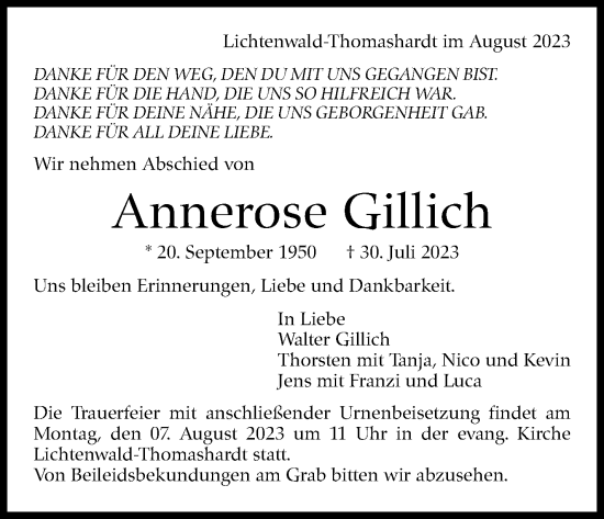 Traueranzeige von Annerose Gillich von Eßlinger Zeitung/Cannstatter Zeitung