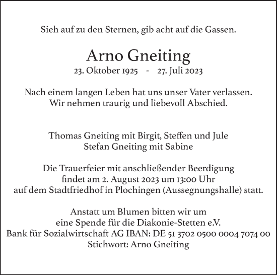Traueranzeige von Arno Gneiting von Eßlinger Zeitung/Cannstatter Zeitung