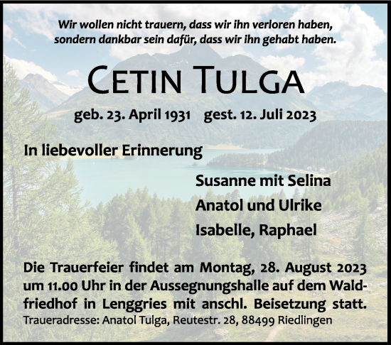 Traueranzeige von Cetin Tulga von Eßlinger Zeitung/Cannstatter Zeitung