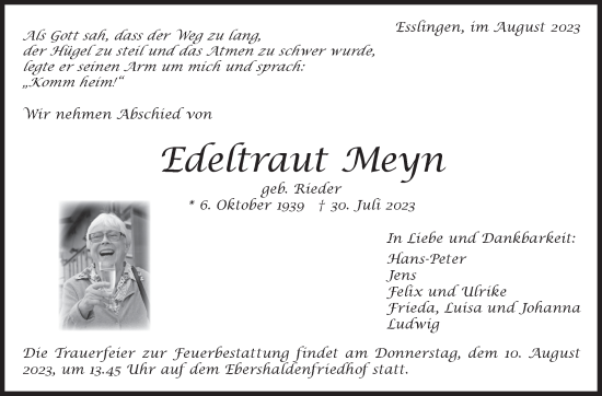 Traueranzeige von Edeltraut Meyn von Eßlinger Zeitung/Cannstatter Zeitung