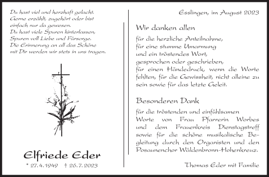 Traueranzeige von Elfriede Eder von Eßlinger Zeitung/Cannstatter Zeitung