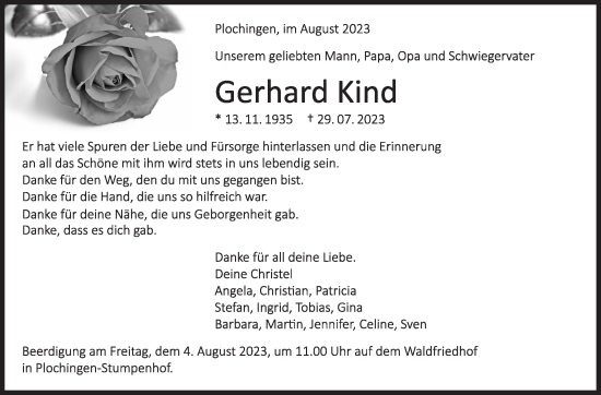 Traueranzeige von Gerhard Kind von Eßlinger Zeitung/Cannstatter Zeitung