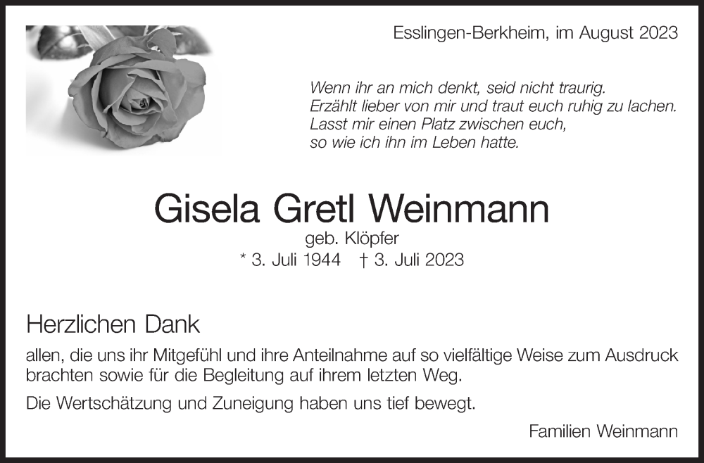  Traueranzeige für Gisela Gretl Weinmann vom 03.08.2023 aus Eßlinger Zeitung/Cannstatter Zeitung