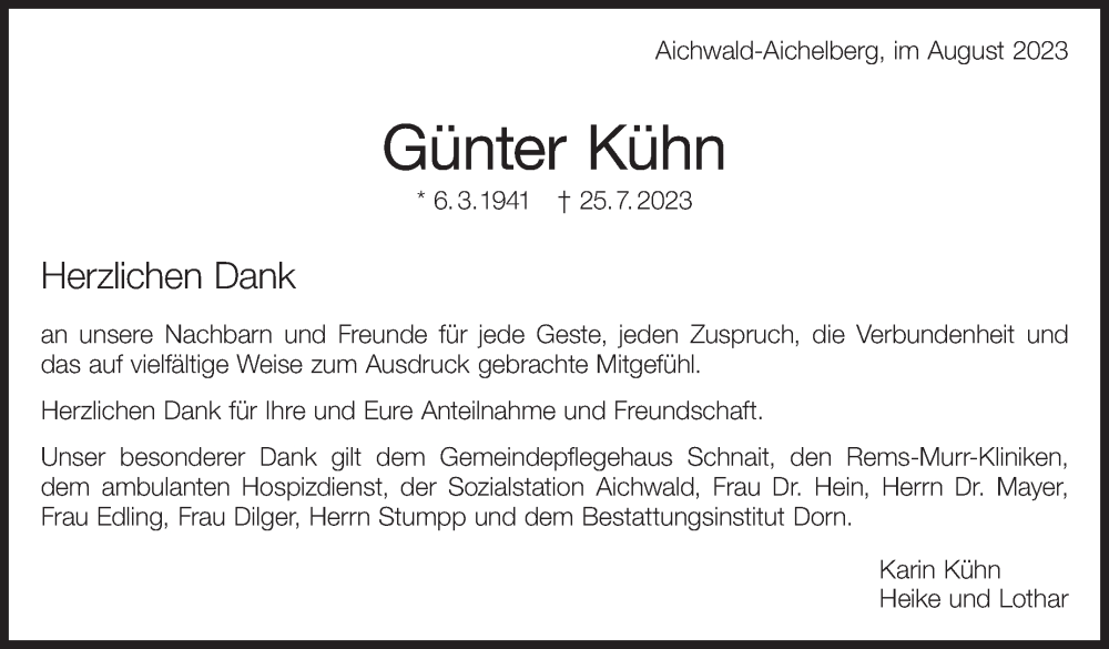  Traueranzeige für Günter Kühn vom 05.08.2023 aus Eßlinger Zeitung/Cannstatter Zeitung