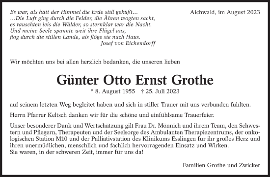 Traueranzeige von Günter Otto Ernst Grothe von Eßlinger Zeitung/Cannstatter Zeitung
