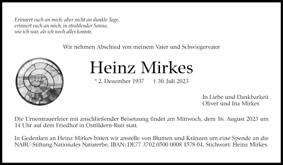 Traueranzeige von Heinz Mirkes von Eßlinger Zeitung/Cannstatter Zeitung