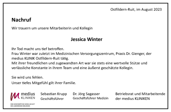 Traueranzeige von Jessica Winter von Eßlinger Zeitung/Cannstatter Zeitung