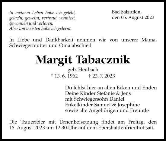 Traueranzeige von Margit Tabacznik von Eßlinger Zeitung/Cannstatter Zeitung
