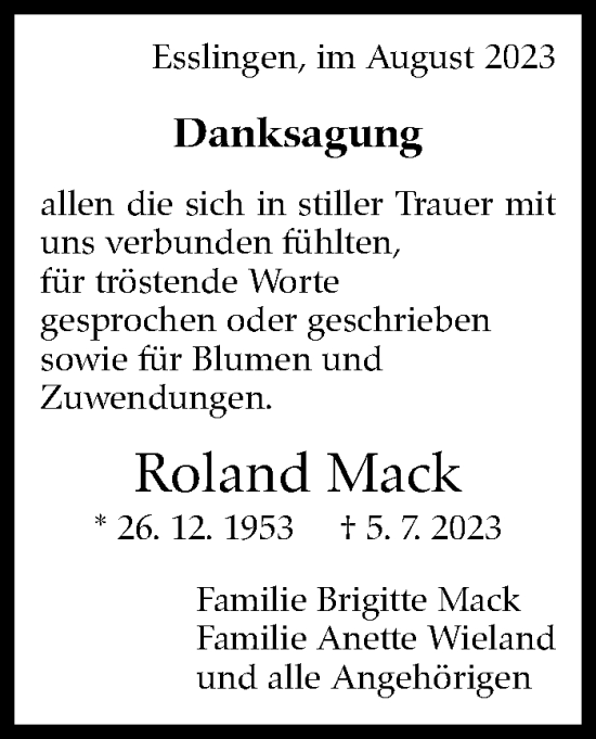 Traueranzeige von Roland Mack von Eßlinger Zeitung/Cannstatter Zeitung