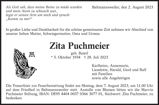 Traueranzeige von Zita Puchmeier von Eßlinger Zeitung/Cannstatter Zeitung