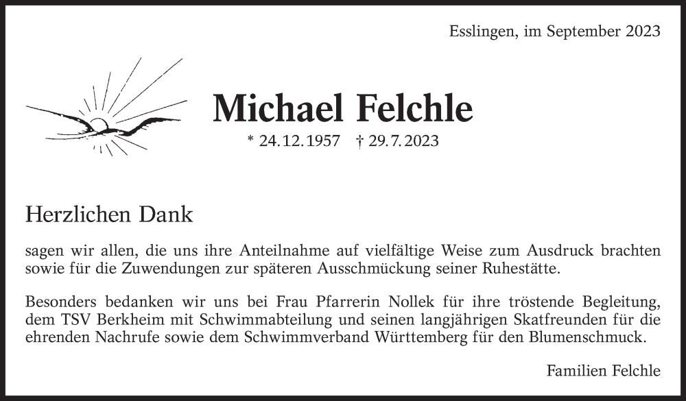  Traueranzeige für Michael Felchle vom 16.09.2023 aus Eßlinger Zeitung/Cannstatter Zeitung