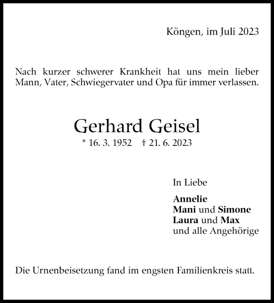 Traueranzeige von Gerhard Geisel von Eßlinger Zeitung/Cannstatter Zeitung