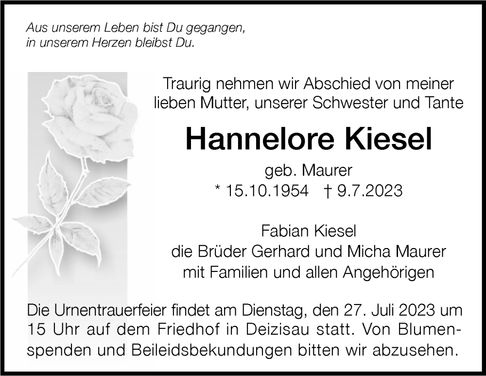  Traueranzeige für Hannelore Kiesel vom 19.07.2023 aus Eßlinger Zeitung/Cannstatter Zeitung