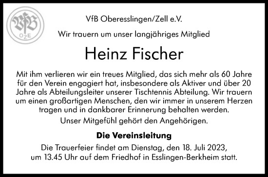 Traueranzeige von Heinz Fischer von Eßlinger Zeitung/Cannstatter Zeitung