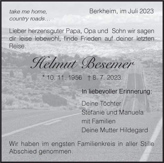 Traueranzeige von Helmut Besemer von Eßlinger Zeitung/Cannstatter Zeitung