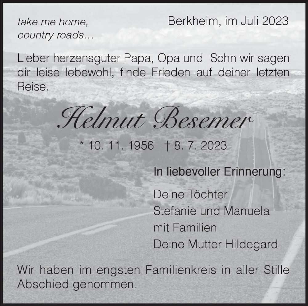  Traueranzeige für Helmut Besemer vom 24.07.2023 aus Eßlinger Zeitung/Cannstatter Zeitung