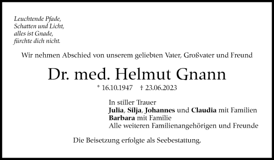 Traueranzeige von Helmut Gnann von Eßlinger Zeitung/Cannstatter Zeitung
